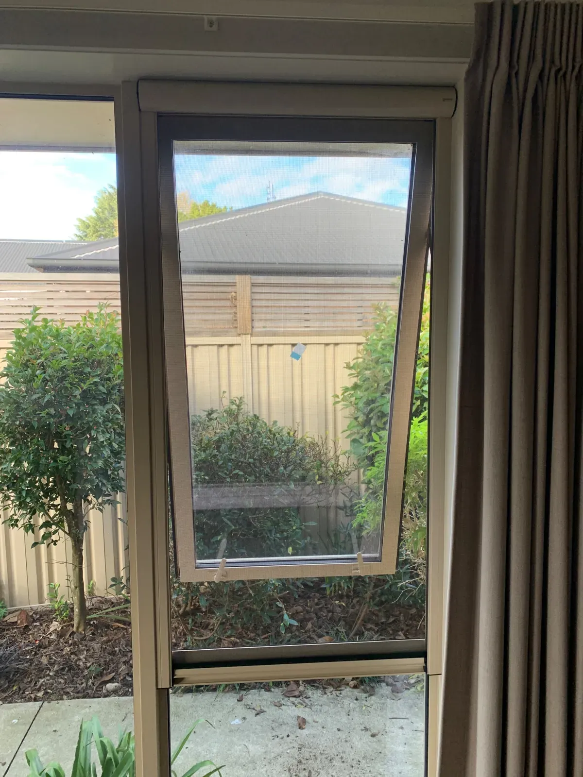 Serene window screen over a living-room window, framing a Cambridge garden
