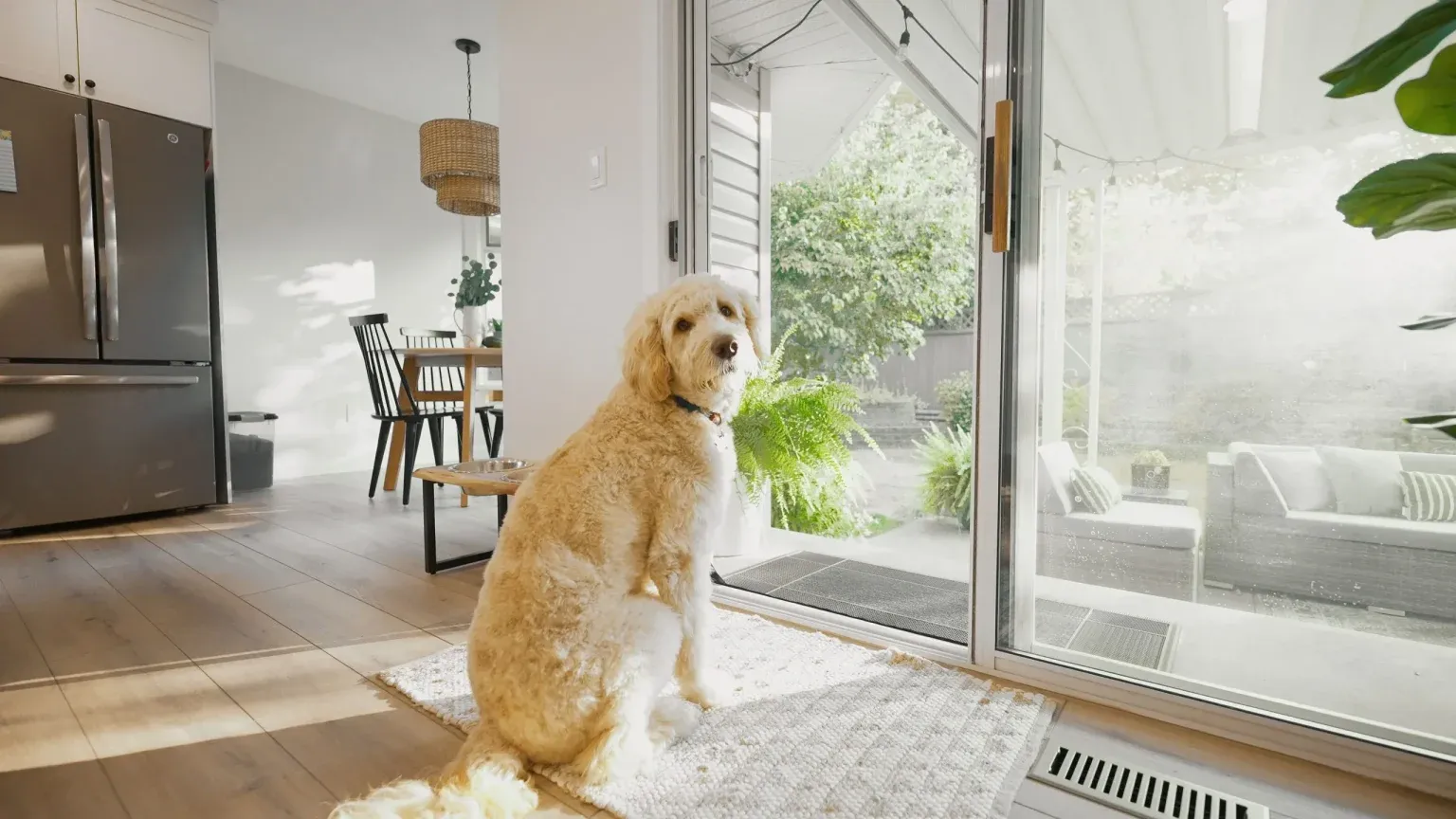 A dog waiting at a sliding patio door fitted with a retractable screen