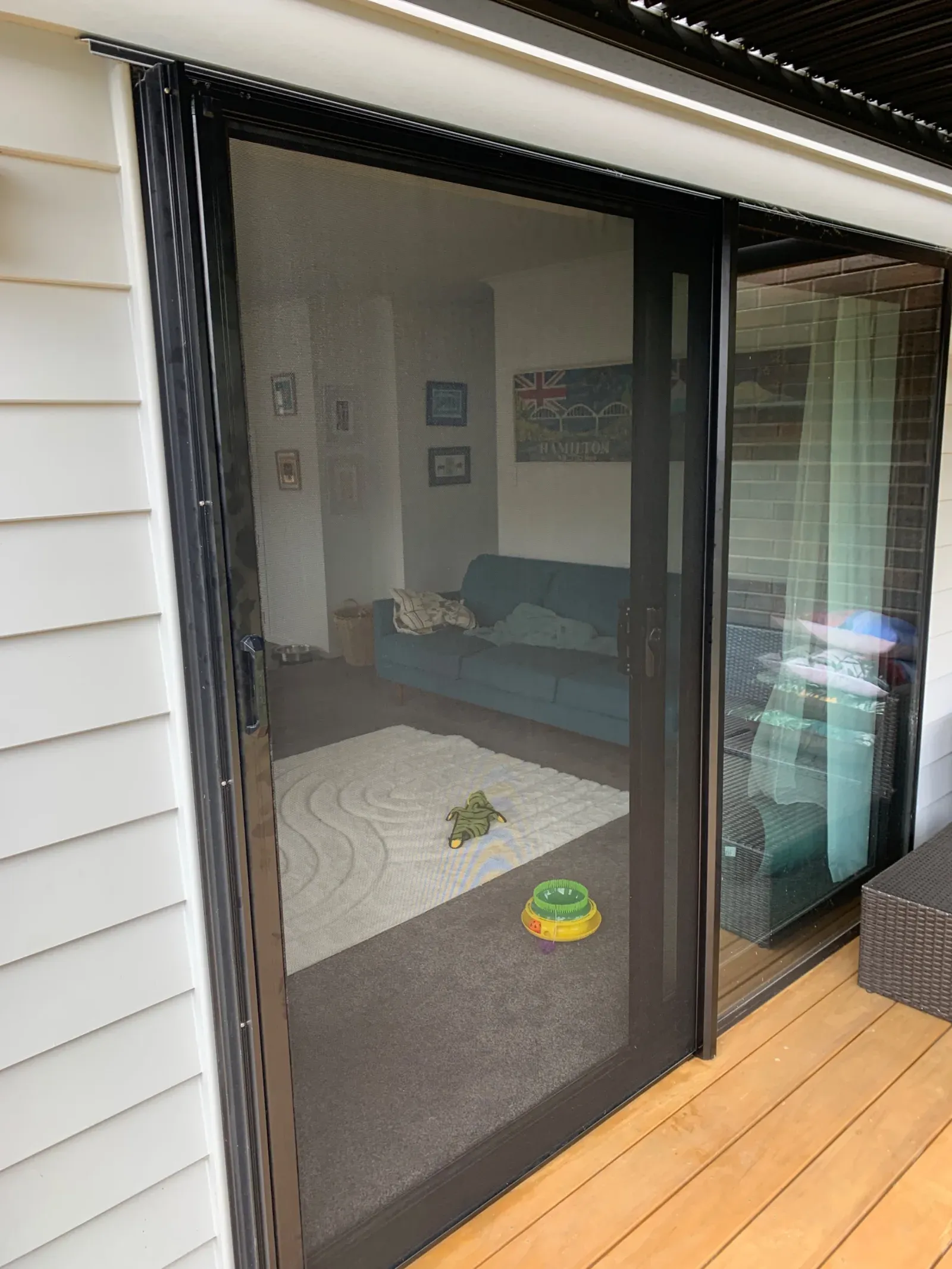 Black-framed sliding insect screen closed across a living-room slider on a weatherboard home, cat toys on the rug inside