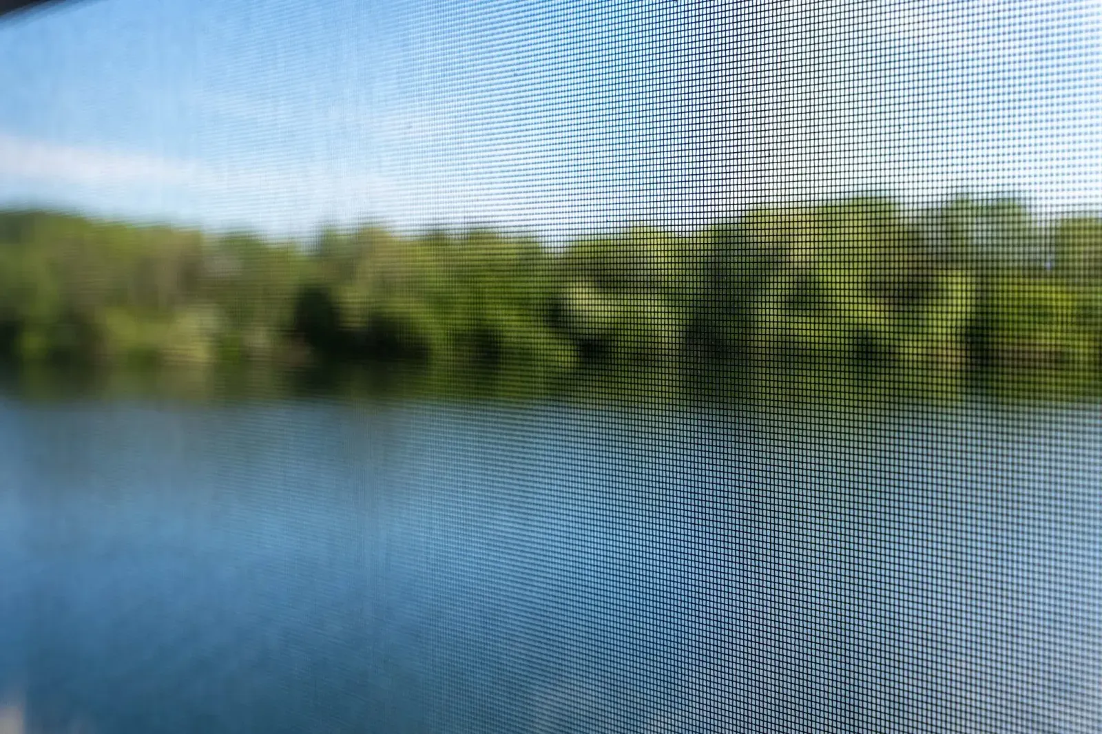 A lake and treeline seen clearly through a fine black insect screen mesh