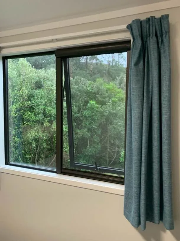 A black-framed awning window with a retractable insect screen, looking out to lush native bush