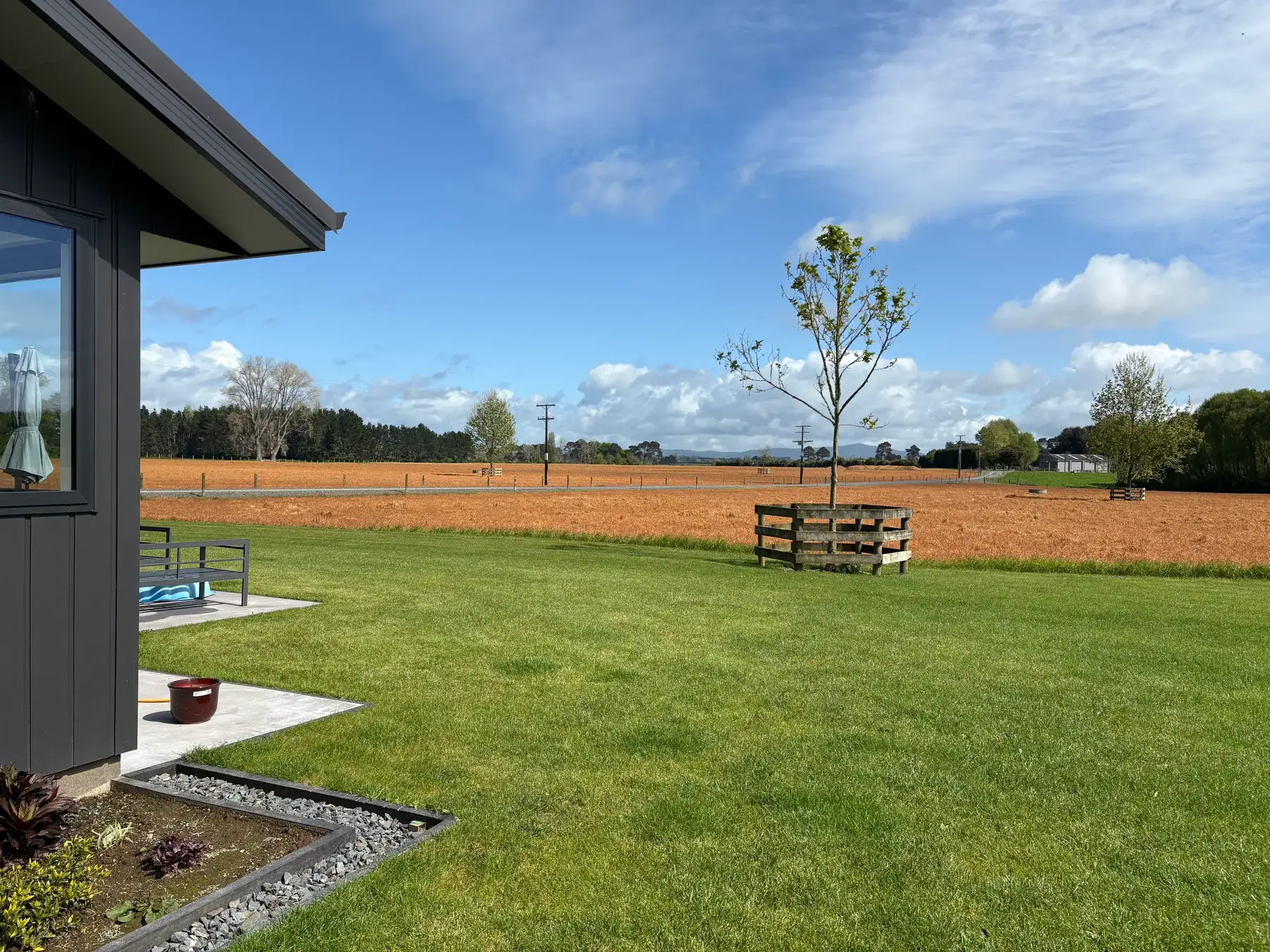 A dark-clad rural home with a green lawn opening onto Waikato paddocks and farmland under a wide sky