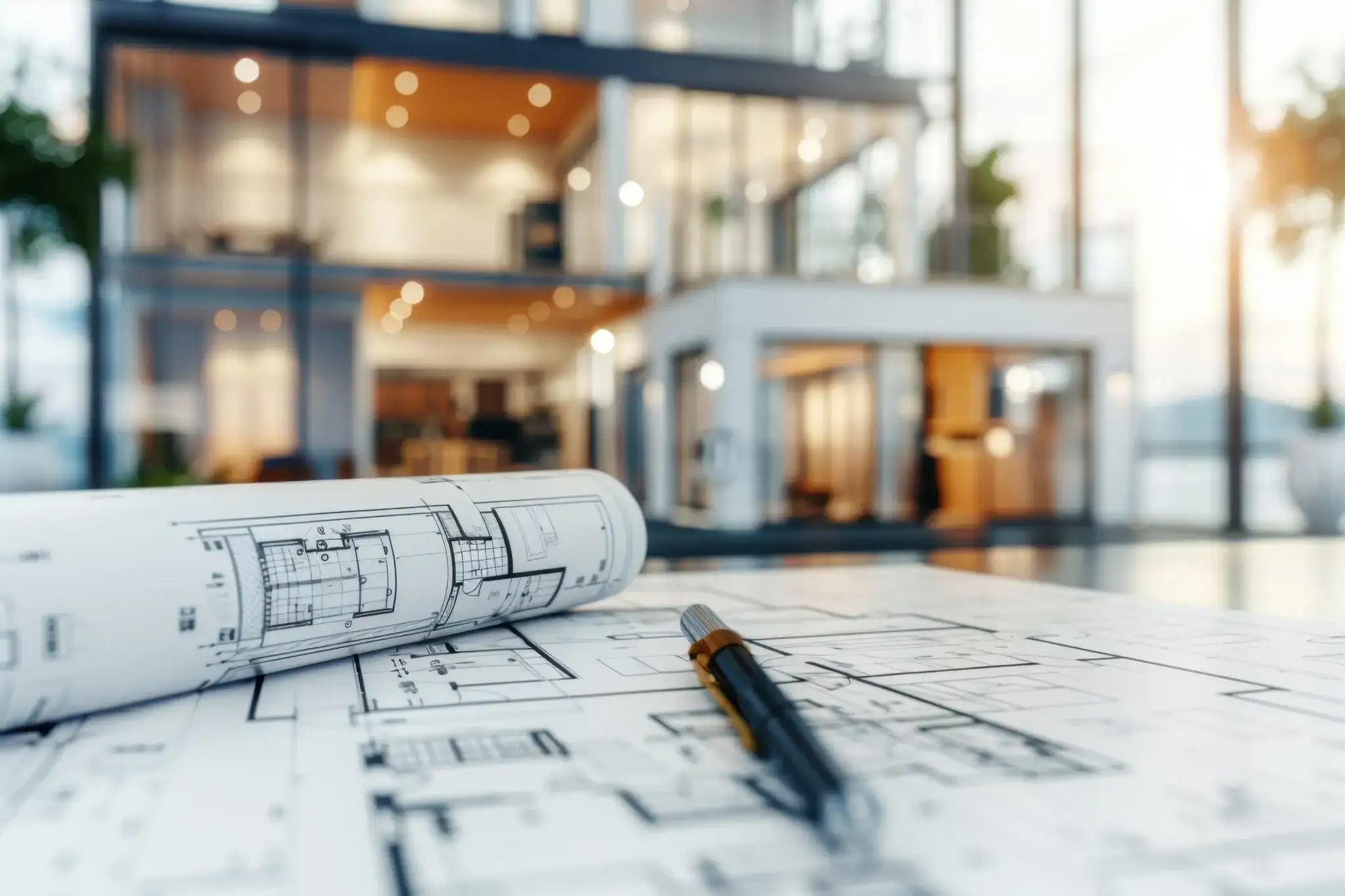 Rolled architectural floor plans and a pen on a table, with a modern glazed home beyond